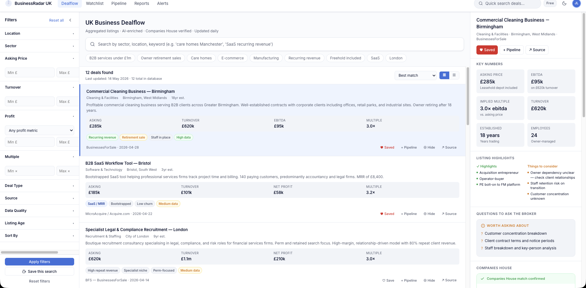 BusinessRadar UK dealflow dashboard